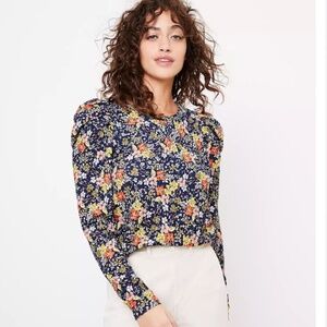 LOFT Navy Floral Puff-Sleeve Blouse